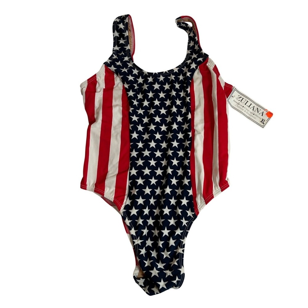 Zuliana VTG American Flag One Piece Swimsuit XL USA Stars Stripes High Cut New